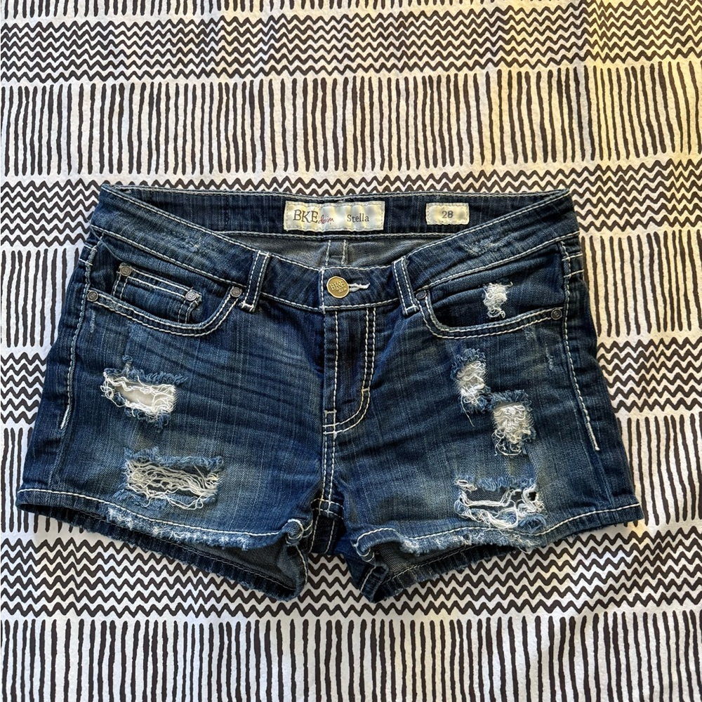 BKE Blue Distressed Jean Shorts with Frayed Hem
